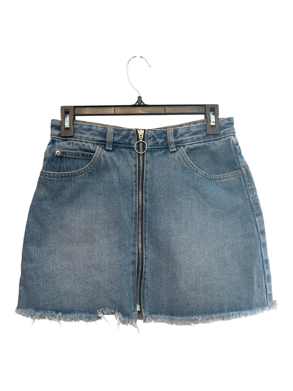 Vintage Y2K Authentic Denim Blue Denim Mini Skirt with Front Ring Zipper Size 26